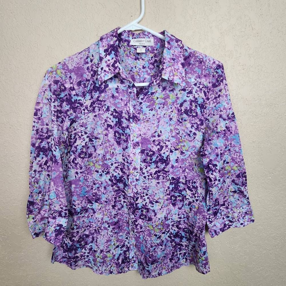 Coldwater Creek Purple and Blue Splash Print Button Down Shirt XS (7178)